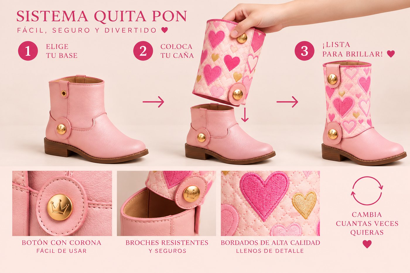 Sistema Quita Pon: elige tu base, coloca tu caña y lista para brillar, con detalles del botón con corona y los broches